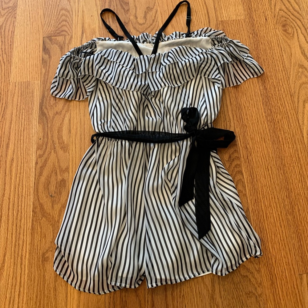 Ali & Jay Striped Off-The-Shoulder Romper with Waist Tie - Size S